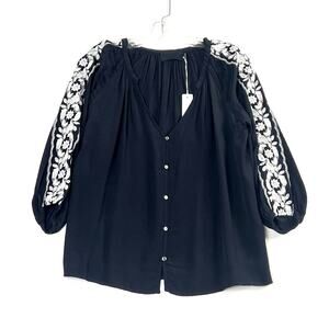 Line & Dot Black 3/4 Sleeve Embroidered Blouse `